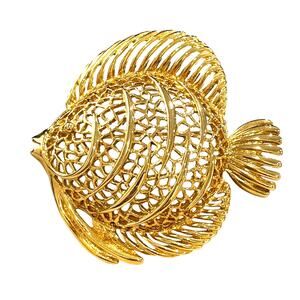 Vintage Y2K brooch gold tone filigree fish motif no hallmarks statement jewelry